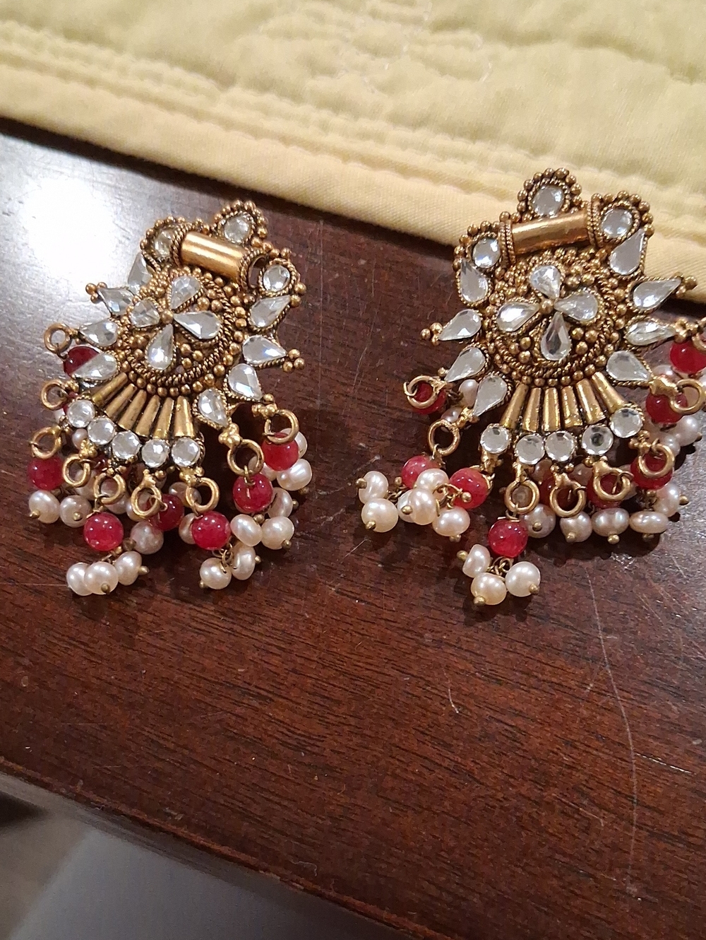 Gold Tone Pearl & Red Bead Chandbali Earrings Pierced